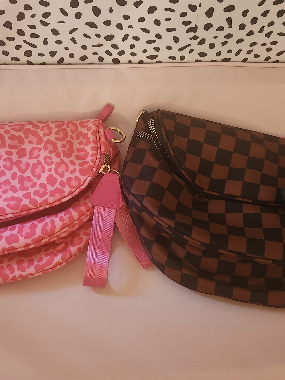 Pink Leopard Print & Brown Checkered Crossbody Bag - Trendy Women's Shoulder Bag